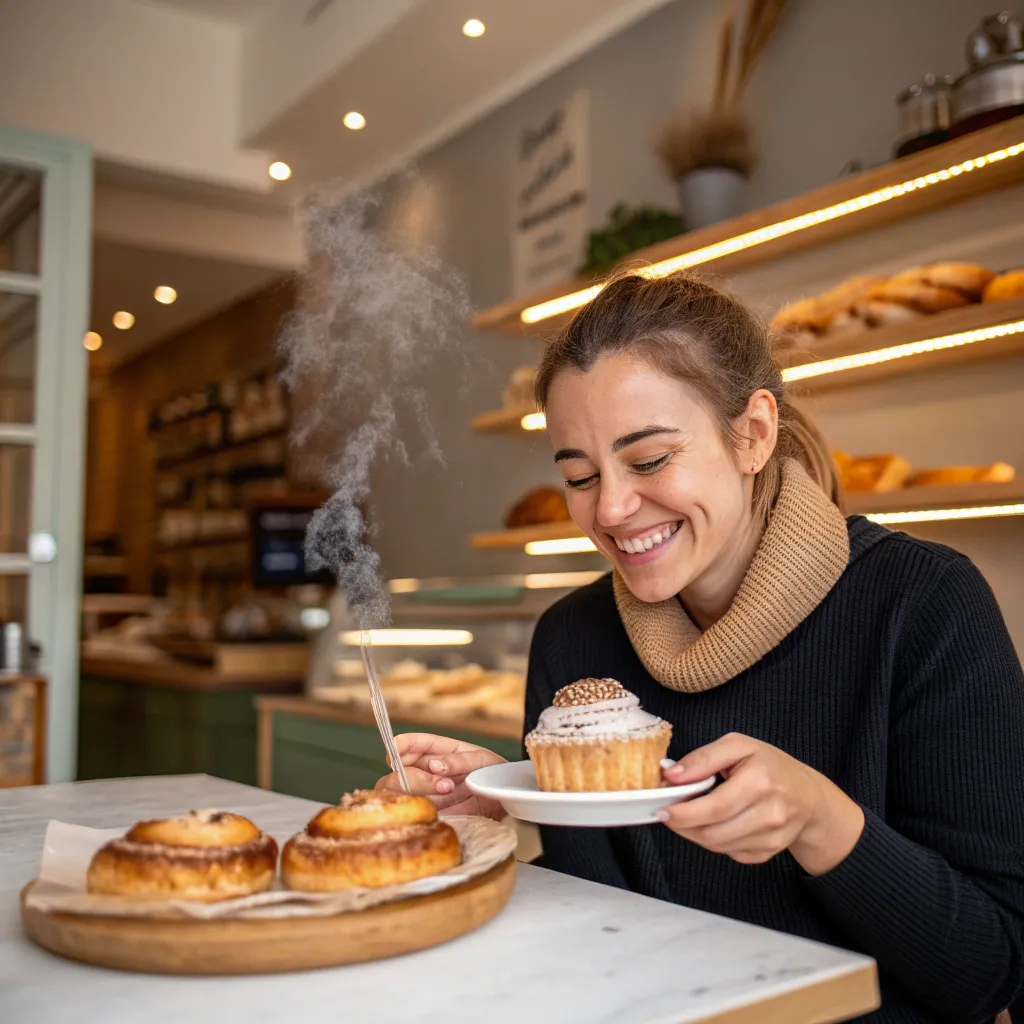 Smiling customer enjoying baking