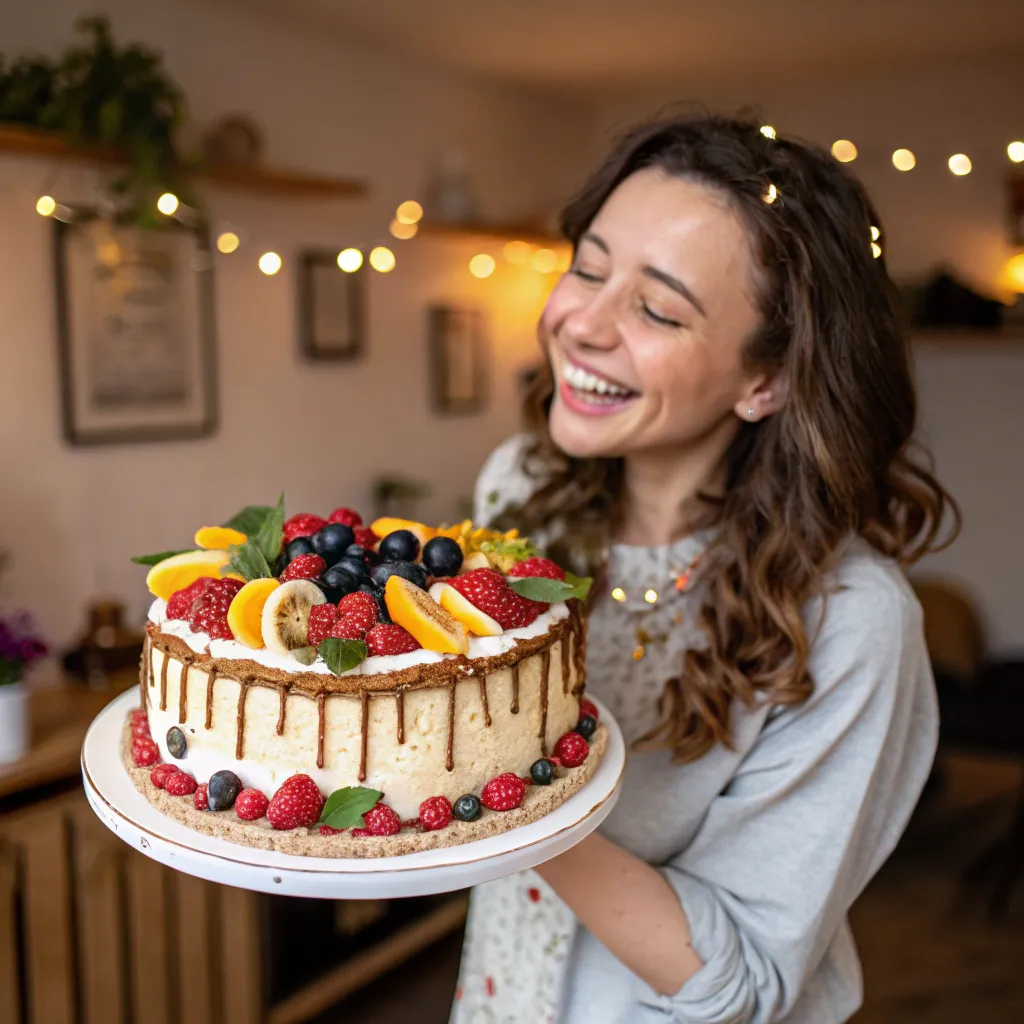 Delighted customer with a cake